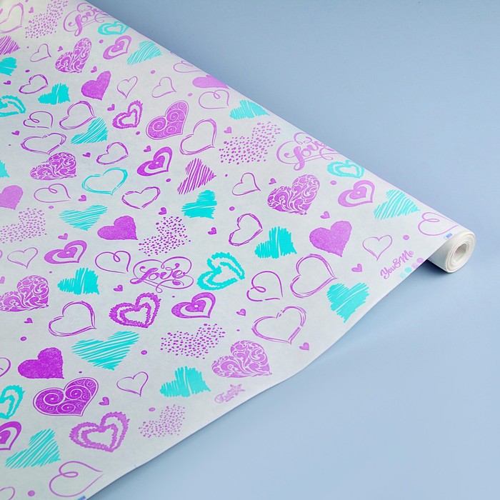 Бумага упаковочная белая "You &amp; Me", сиреневый-мятный, 0,7 х 9 м