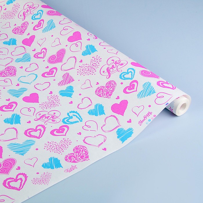 Бумага упаковочная белая "You &amp; Me", малиновый-голубой, 0,7 х 9 м