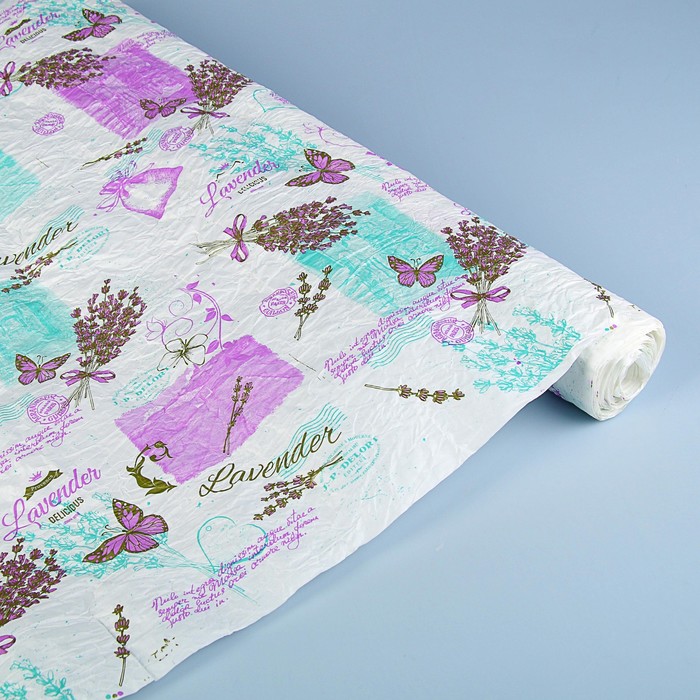 Бумага упаковочная белая, люкс, "Лаванда", сирень-бирюза-фисташка, 0,7 х 4,5 м