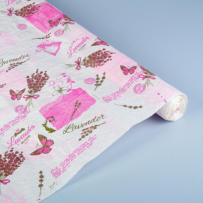 Бумага упаковочная белая, люкс, "Лаванда", малина-розовый-фисташка, 0,7 х 4,5 м