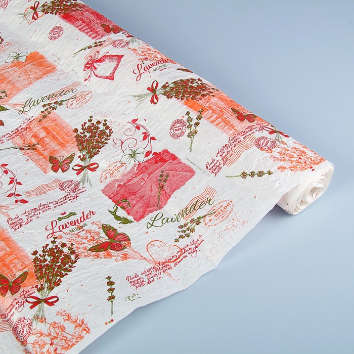 Бумага упаковочная белая, люкс, "Лаванда", красный-оранж-фисташка, 0,7 х 4,5 м