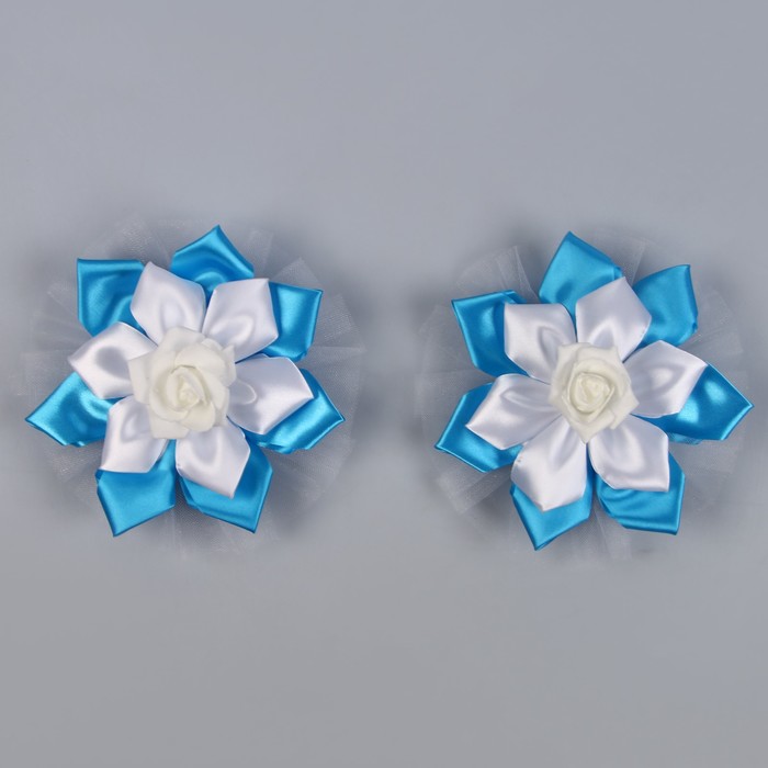 Банты на авто с цветком "Канзаши" 2шт бирюзовые