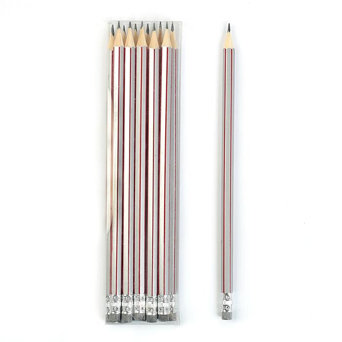 Карандаш чернографитный с ластиком НВ корпус шестигранный Полоски серебряный с красным