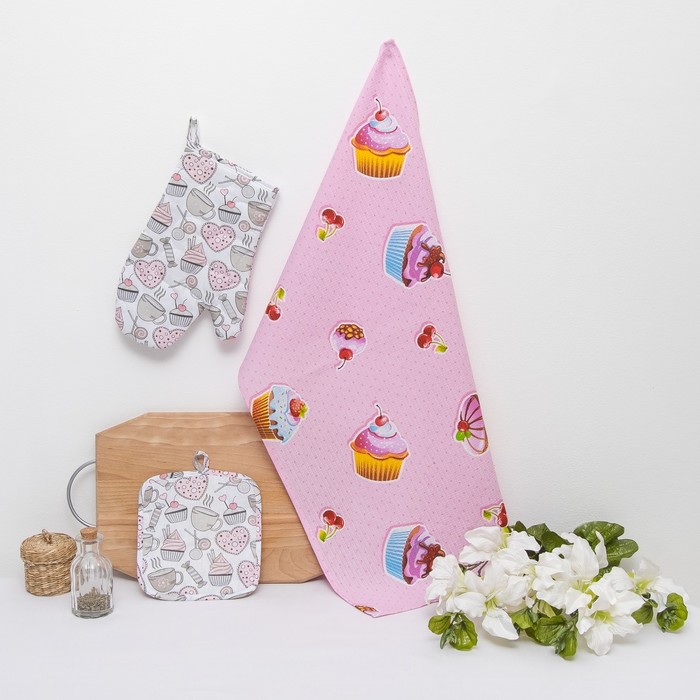 Набор Радушная хозяйка 3 шт(рукавичка,прихватка, полотенце) "Пирожные",бязь 125г/м, хл100%