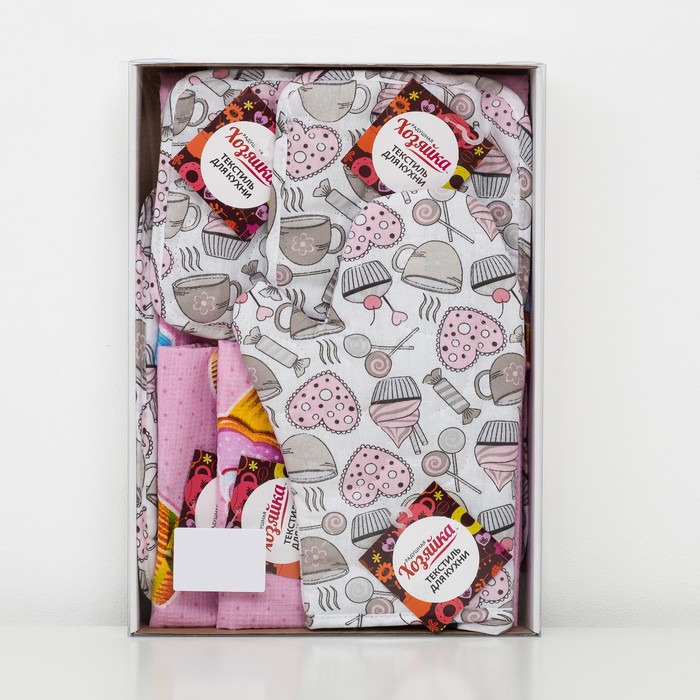 Набор Радушная хозяйка "Пирожные", 4 ваф. полотенца (165 г/м), 2 прихватки, рукавичка, ваза, бязь 125г/м2