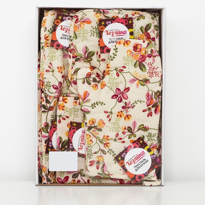 Набор «Радушная хозяйка: Барбарис»: 4 вафельных полотенца (165 г/м²), 2 прихватки, рукавичка, ваза, бязь, 125 г/м²