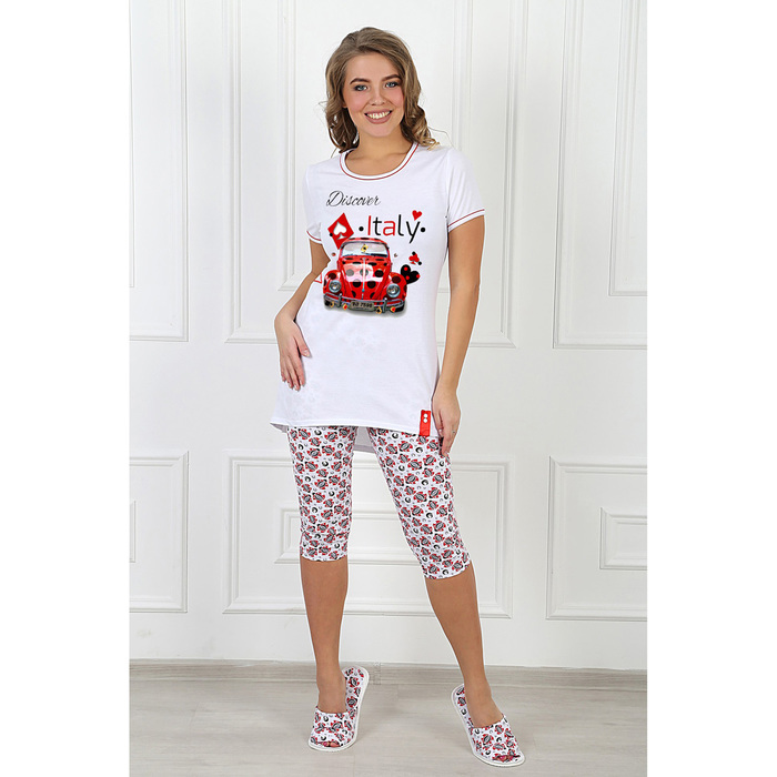 Пижама женская (футболка, бриджи) Тачка-1 цвет белый, р-р 42
