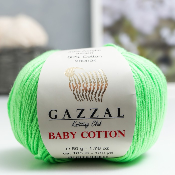 Пряжа "Baby Cotton" 60% хлопок, 40% полиакрил 165м/50гр (3427 неж. зелёный)