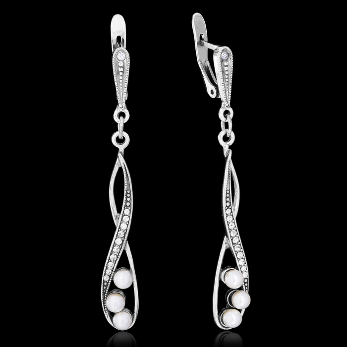 Серьги "Флорес", цвет белый в чернёном серебре