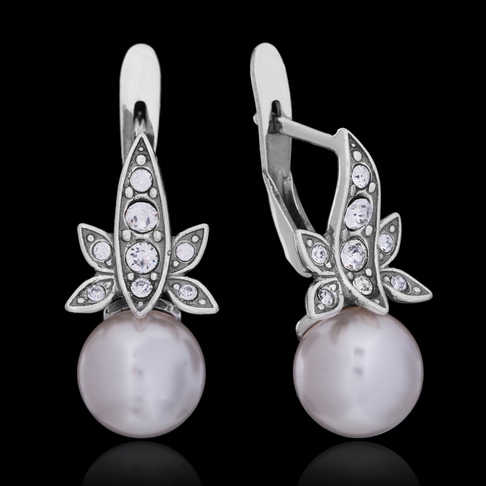 Серьги "Бралиса", цвет белый в чернёном серебре