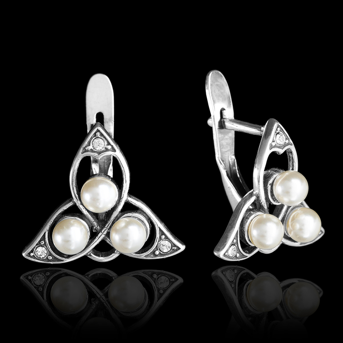 Серьги "Кроку", цвет белый в чернёном серебре