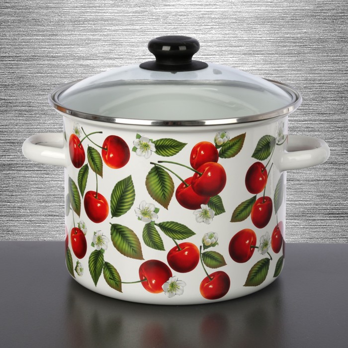 Кастрюля сферическая 5,5 л "Черешня", стеклянная крышка, нержавеющий ободок