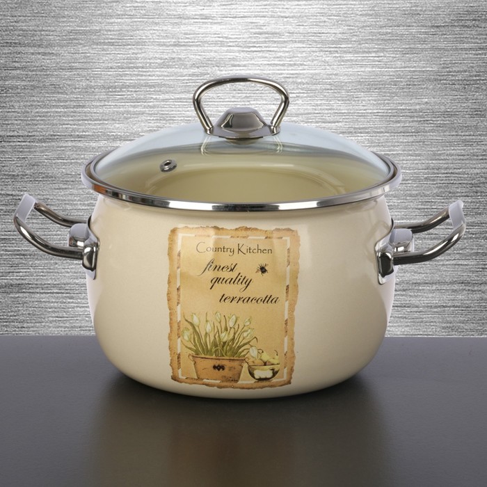 Кастрюля сферическая 2,5 л "Квітник", стеклянная крышка, нержавеющий ободок