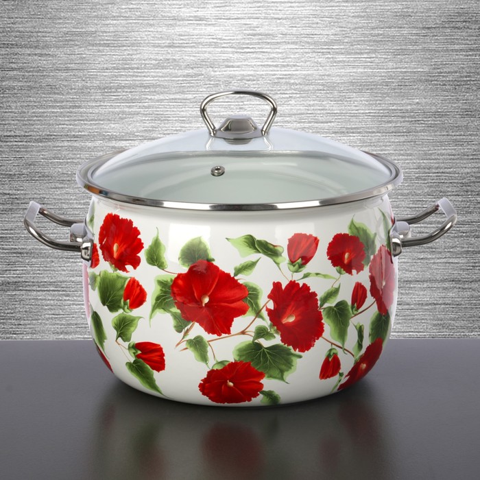 Кастрюля сферическая 5 л "Каркаде", стеклянная крышка, нержавеющий ободок