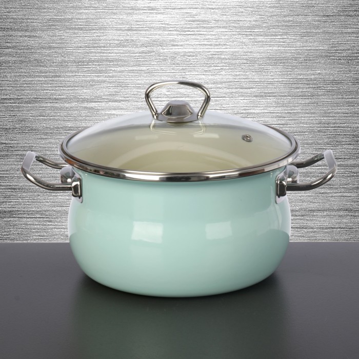Кастрюля цилиндрическая 2,5 л "Бирюзовая", стеклянная крышка, нержавеющий ободок
