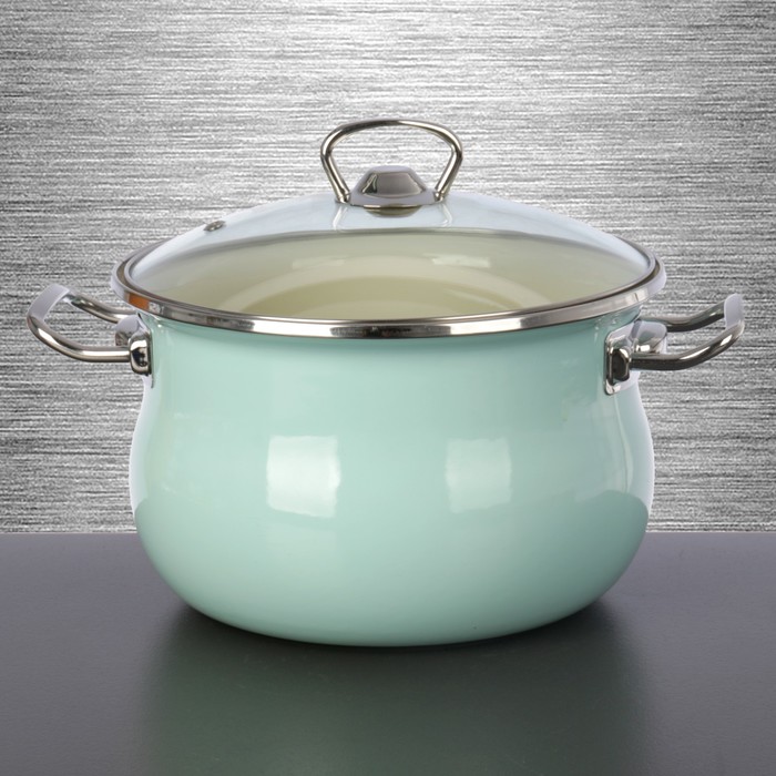Кастрюля цилиндрическая 3,5 л "Бирюзовая", стеклянная крышка, нержавеющий ободок