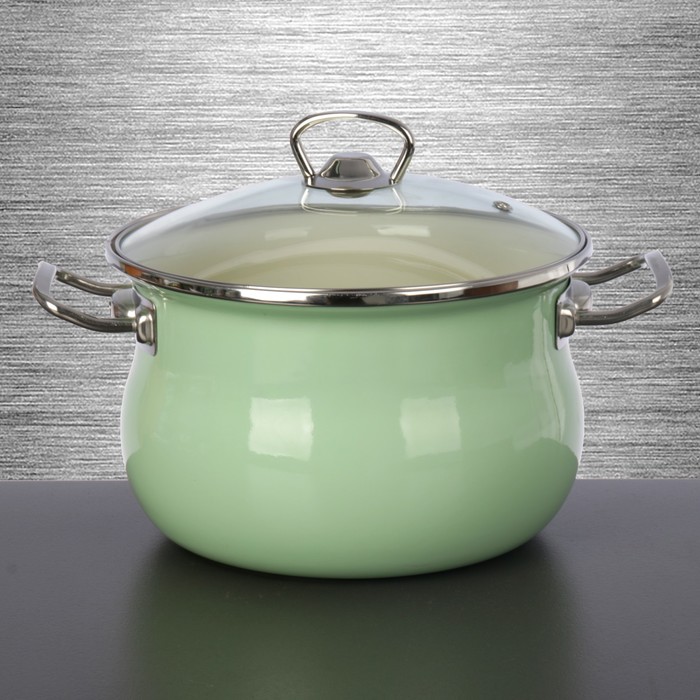 Кастрюля цилиндрическая 3,5 л "Мятная прохлада", стеклянная крышка, нержавеющий ободок