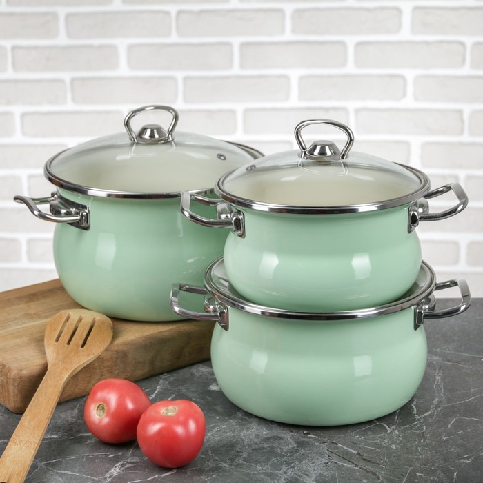 Набор кастрюль "Мятная прохлада", 3 шт: 1,5 л, 2,5 л, 3,5 л, стеклянные крышки