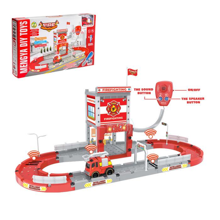 Автотрек - конструктор "Пожарная станция", работает от батареек, с отверткой и рацией
