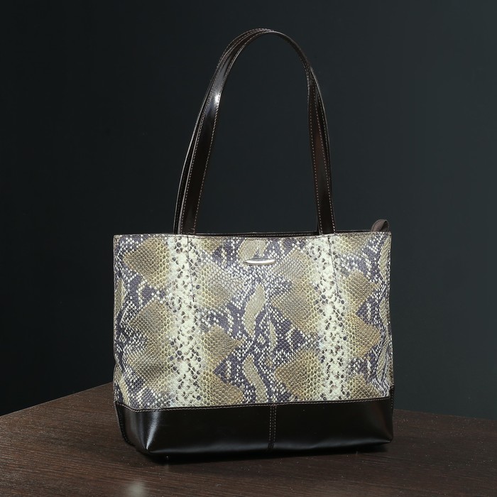 Сумка женская на молнии, 1 отдел, наружный карман, цвет изумрудный питон/коричневый шик