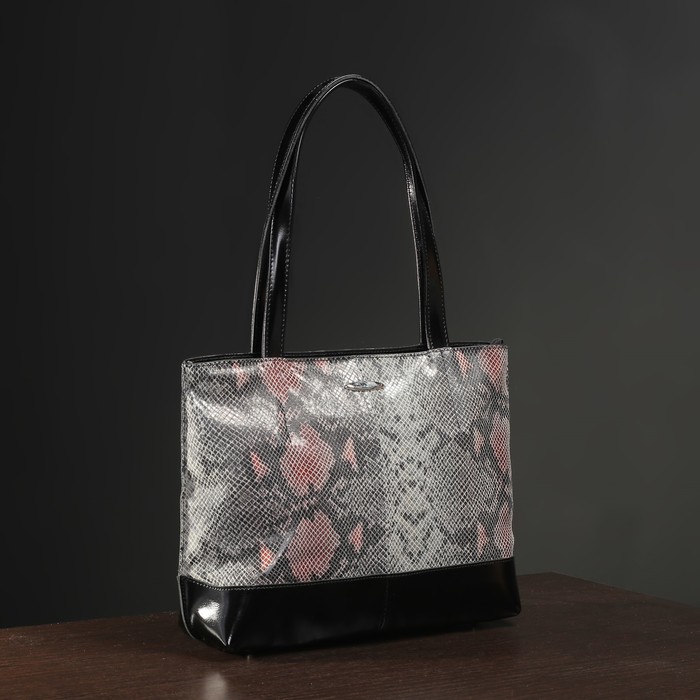 Сумка женская на молнии, 1 отдел, наружный карман, цвет серый питон/чёрный гладкий шик