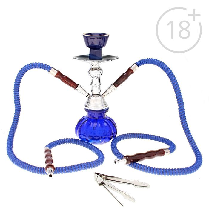 Кальян "Блаженство", 24 см, 2 трубки, колба-шар синяя, шахта металл, стекло