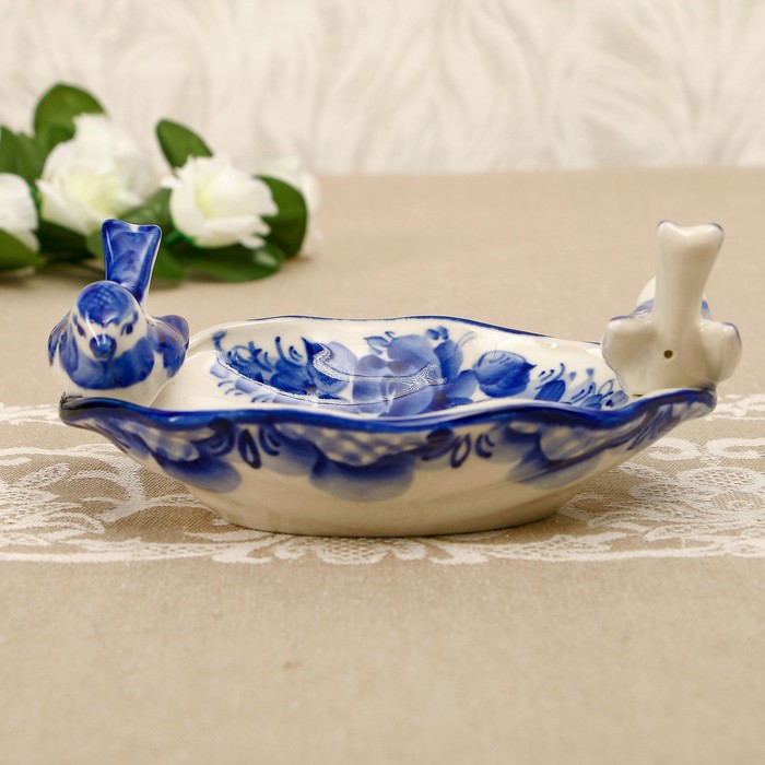 Блюдо орешница «Птичка», 15х10х8 см, гжель