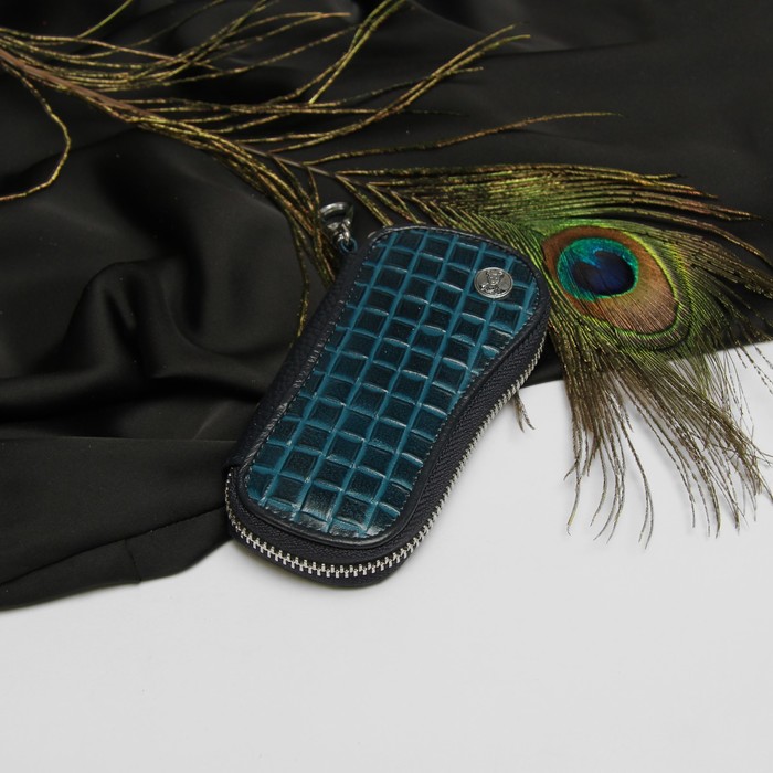 Футляр для ключей, отдел на молнии, 6 карабинов, кольцо, цвет бирюзовый