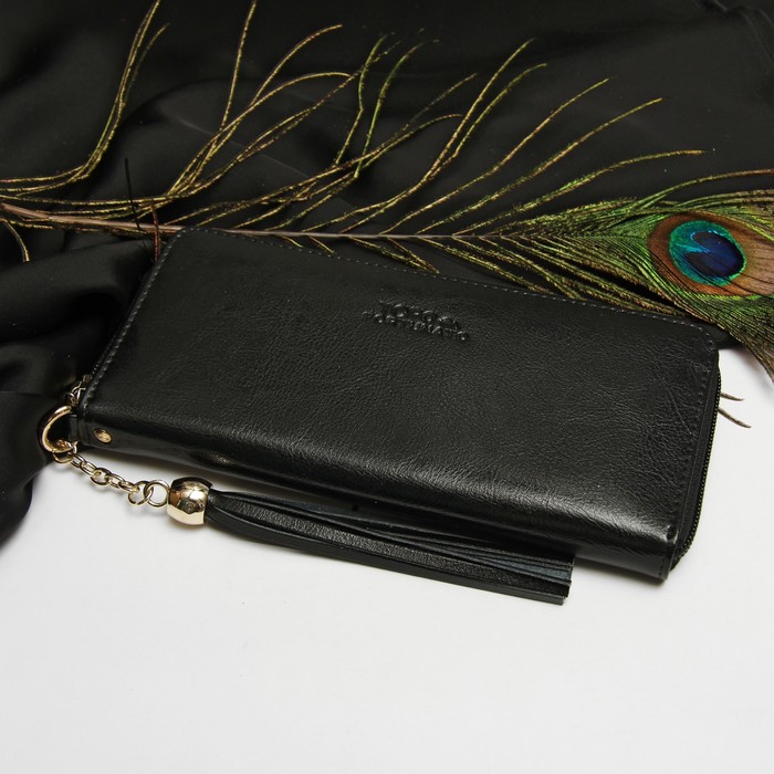 Кошелёк женский, 3 отдела, для карт, для монет, с ручкой, цвет чёрный