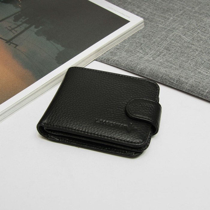 Портмоне мужское, отдел, для карт, для монет, с хлястиком, цвет чёрный