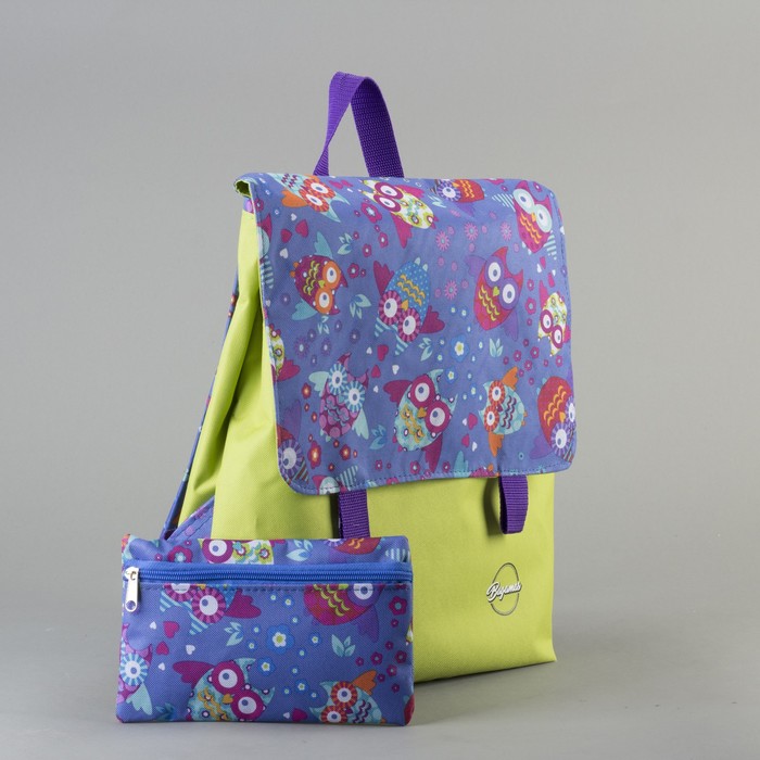 Рюкзак молодёжный с косметичкой "Совы", 1 отдел на молнии, цвет салатовый/синий