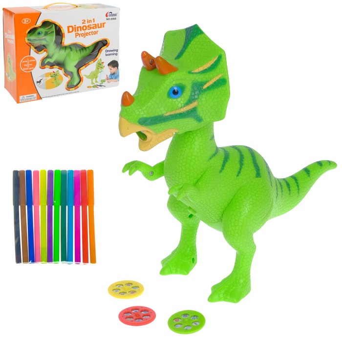 Проектор "Динозавр" 2 в 1, 3 слайда, альбом, 12 фломастеров