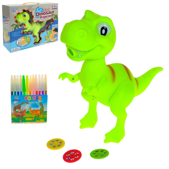 Проектор "Динозавр", 3 слайда, 12 фломастеров