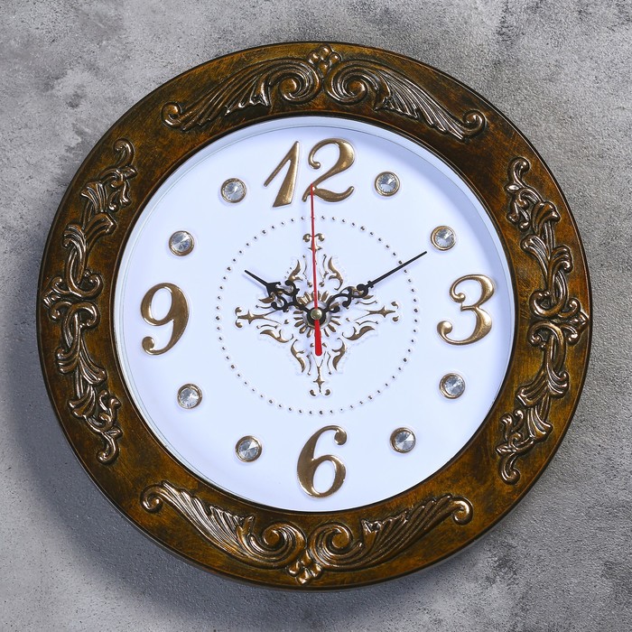 Часы настенные, круглые, лепнина с золотым узором, коричневые, d=29.5 см