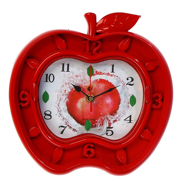 Часы настенные кухонные в форме Яблока, на циферблате рисунок яблоко, микс, 26*27см
