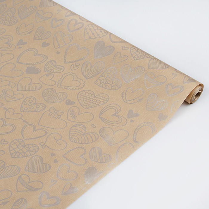 Бумага упаковочная крафт "Сердечки фигурные", серебряный, 40 г/м2, 0,7 х 10 м