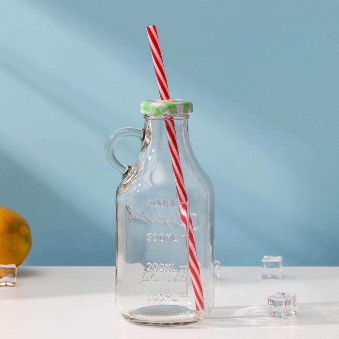 Бутыль 400 мл, с ручкой и крышкой под трубочку, МИКС