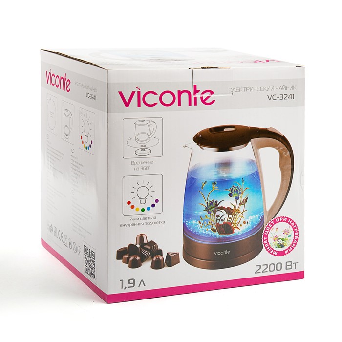 Электрочайник VC-3241, 2200 Вт, 1,9 л, пластик, вращение чайника 360°, подсветка, шоколад