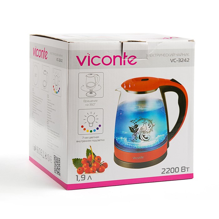Электрочайник VC-3242, 2200 Вт, 1,9 л, пластик, вращение чайника 360°, подсветка, красный