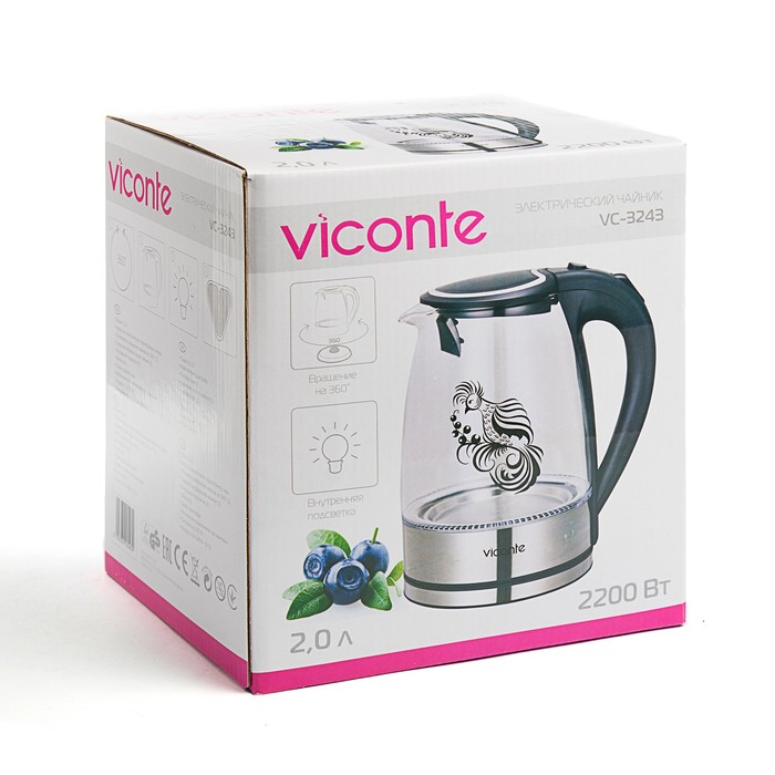 Электрочайник VC-3243, 2200 Вт, 2,0 л, пластик, вращение чайника 360°, подсветка, черный