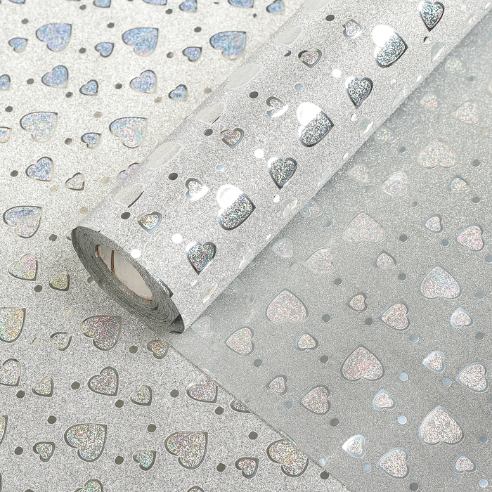 Плёнка с блестками "Серебряные сердечки", 0,5 х 10 м
