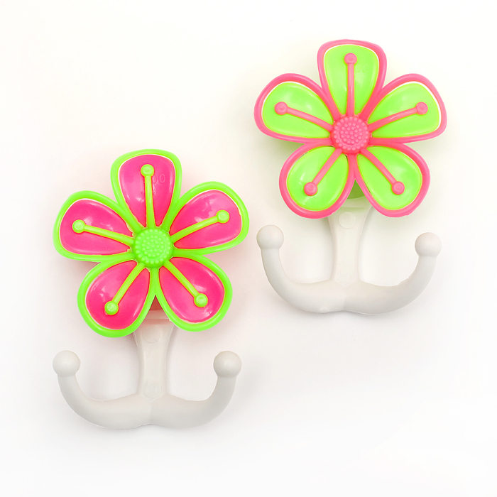 Набор двойных крючков на липучке 2шт "Цветок" 6x3x8,5 см, цвет микс