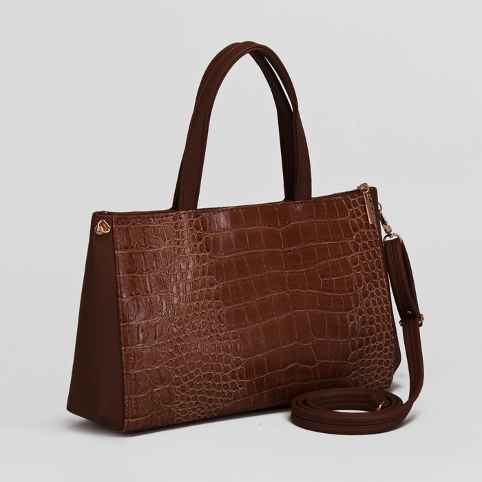Сумка женская, отдел на молнии, наружный карман, крокодил, цвет светло-коричневый