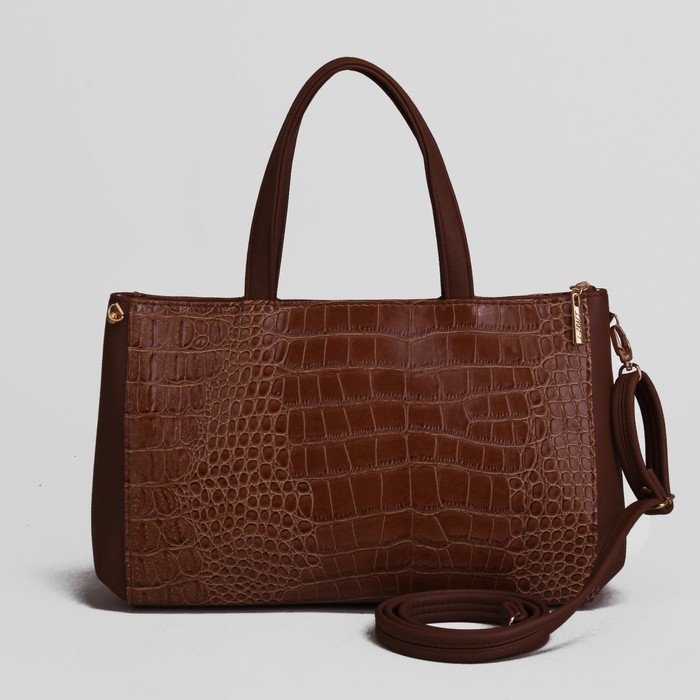 Сумка женская, отдел на молнии, наружный карман, крокодил, цвет светло-коричневый
