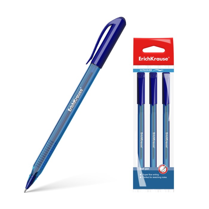 Набор ручек шариковых 3 штуки Ultra Glide Technology U-18, узел 1.0 мм, чернила синие, длина линии письма 800м, европодвес
