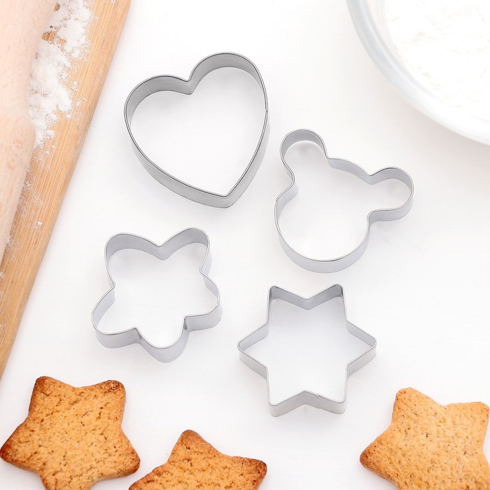 Набор форм для вырезания печенья 8х8 см "Сердце, звезда, цветок, мишка", 4 шт