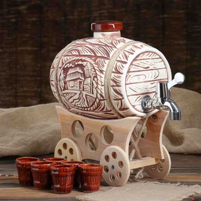 Бочка для вина, 4 л, на телеге, 6 рюмок в наборе, шамот