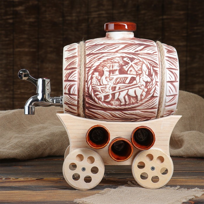 Бочка для вина, 4 л, на телеге, 6 рюмок в наборе, шамот