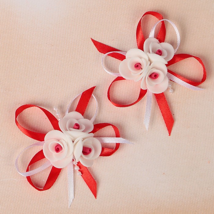 Бант свадебный для декора «С тройным цветочком» D-7 см 2 шт, цвет красный