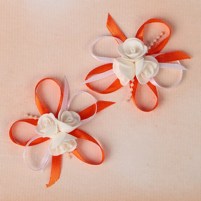 Бант свадебный для декора «С тройным цветочком» D-7 см 2 шт, цвет оранжевый